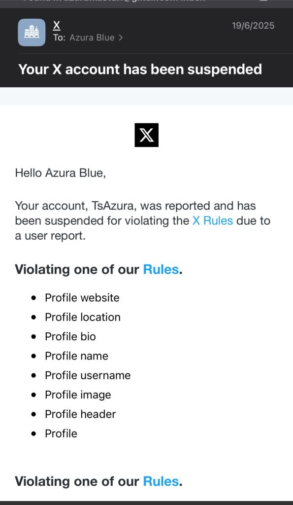 X account suspension notice for Azura Blue citing policy violations on profile content