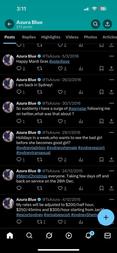 Azura Blue's 2016 Twitter post archive including Mardi Gras and availability updates
