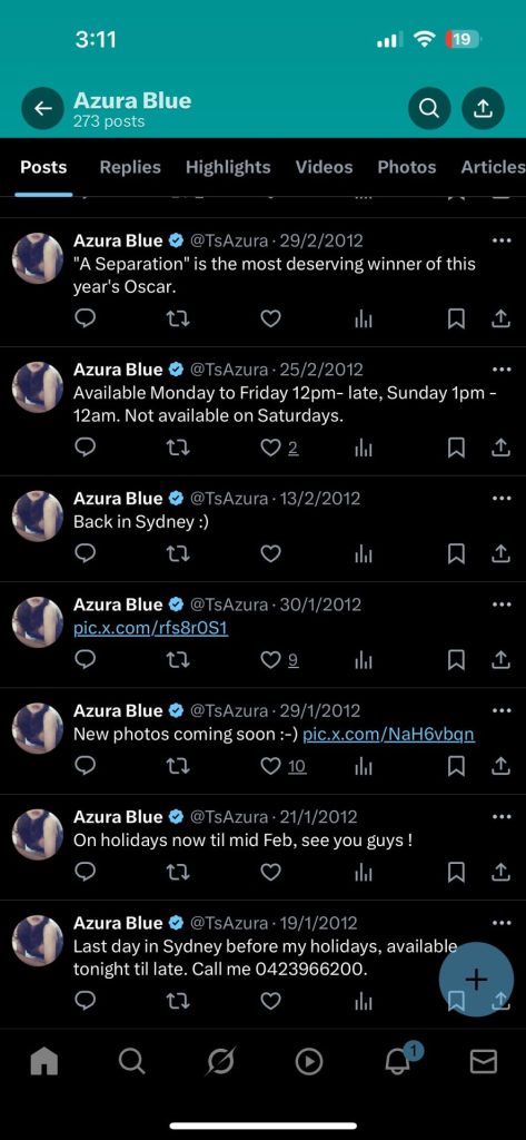Azura Blue's Twitterpost history from 2012 including session availability and updates