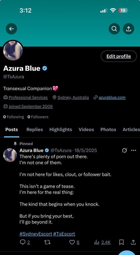 Final X post from Azura Blue on May 18, 2025 with pinned message and account bio