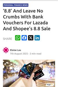 Screenshot of RinggitPlus article promoting Lazada and Shopee 8.8 sales with bank vouchers in Malaysia