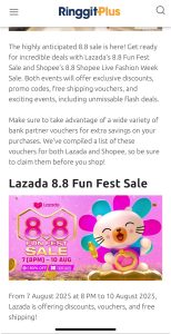 Screenshot of RinggitPlus article promoting Lazada and Shopee 8.8 sales with bank vouchers in Malaysia