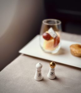 Fresh fruit on linen in a premium cabin, Turkish Airlines service en route to Istanbul