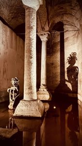 Medusa stone head submerged in the Basilica Cistern, Istanbul.