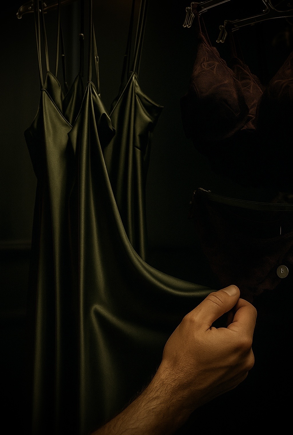 Man hand touching dark green silk satin slip dress hanging in dim light.