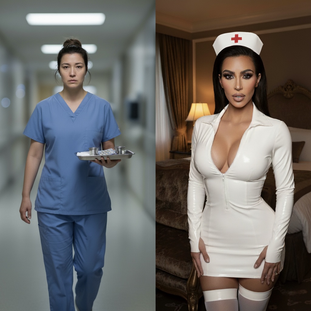 Two women in nurse uniforms — one in a blue medical scrub, the other in a tight white latex mini-dress with a red cross — side-by-side, contrasting reality and fantasy.