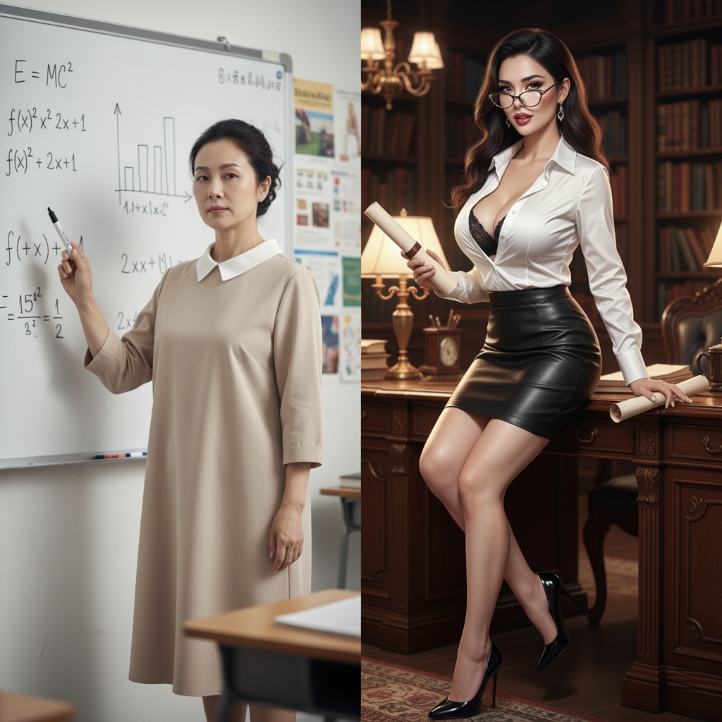 Two women as teachers — one writing formulas on a whiteboard in a modest beige dress, the other in a leather skirt and open blouse leaning on a desk in a library.