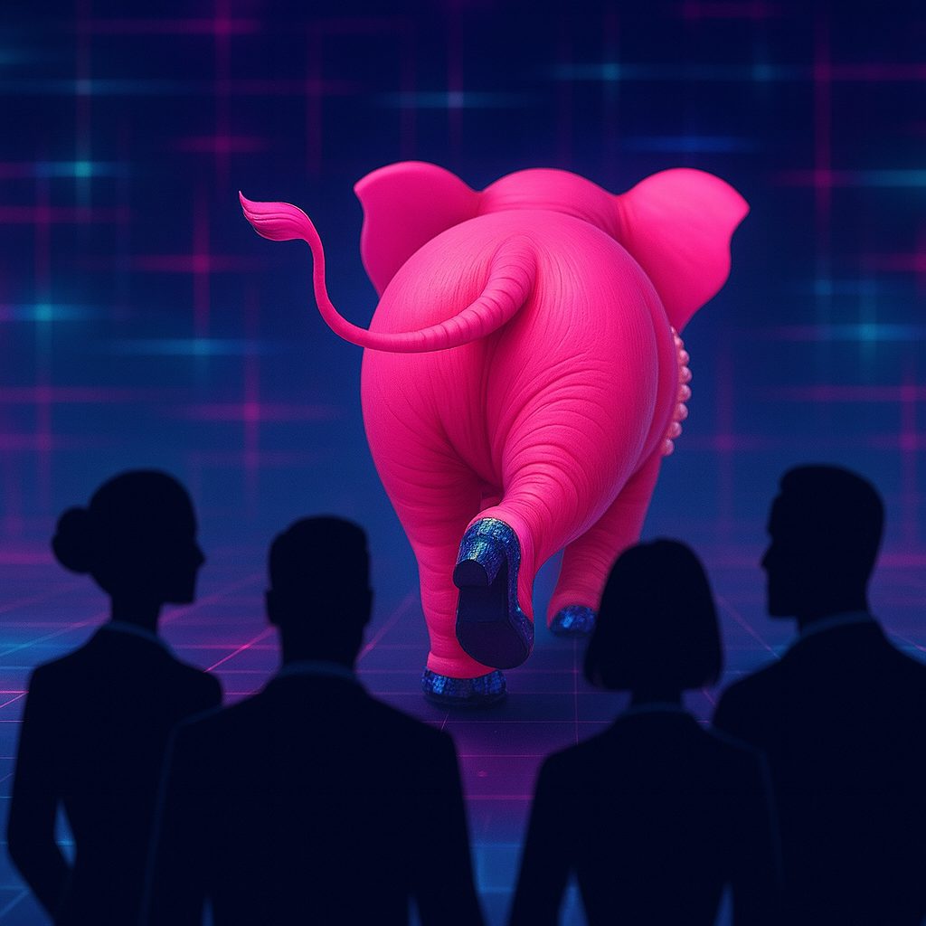 A pink elephant in pearls and glitter heels walking away from silhouetted onlookers against a neon digital grid, representing bold truth and modern tech. 