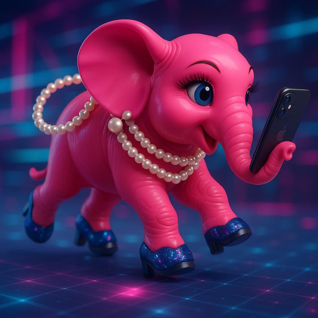 A bright pink elephant wearing pearls and glitter heels, holding a smartphone against a neon digital backdrop, symbolising modern technology and humour.