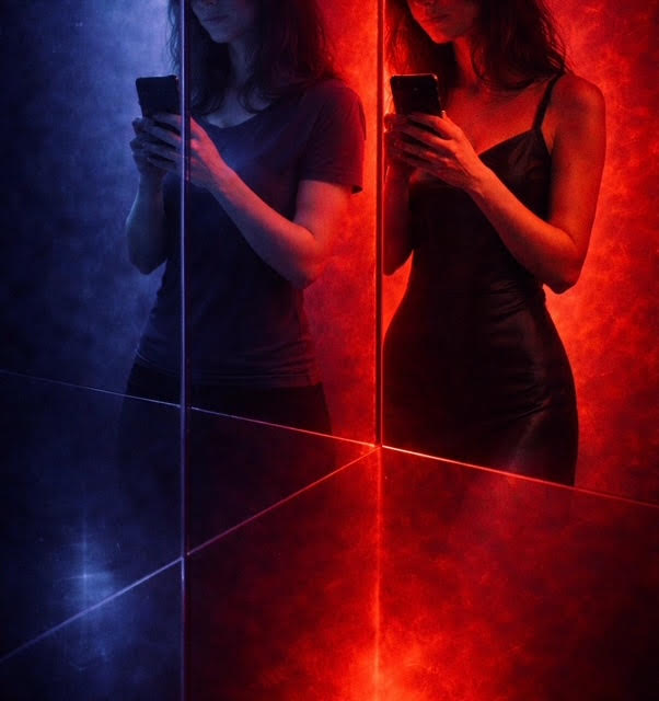 Blue-and-red lit mirror-room portrait: a woman stands with phone in hand, doubled by reflective panels; face in shadow, no clear features.