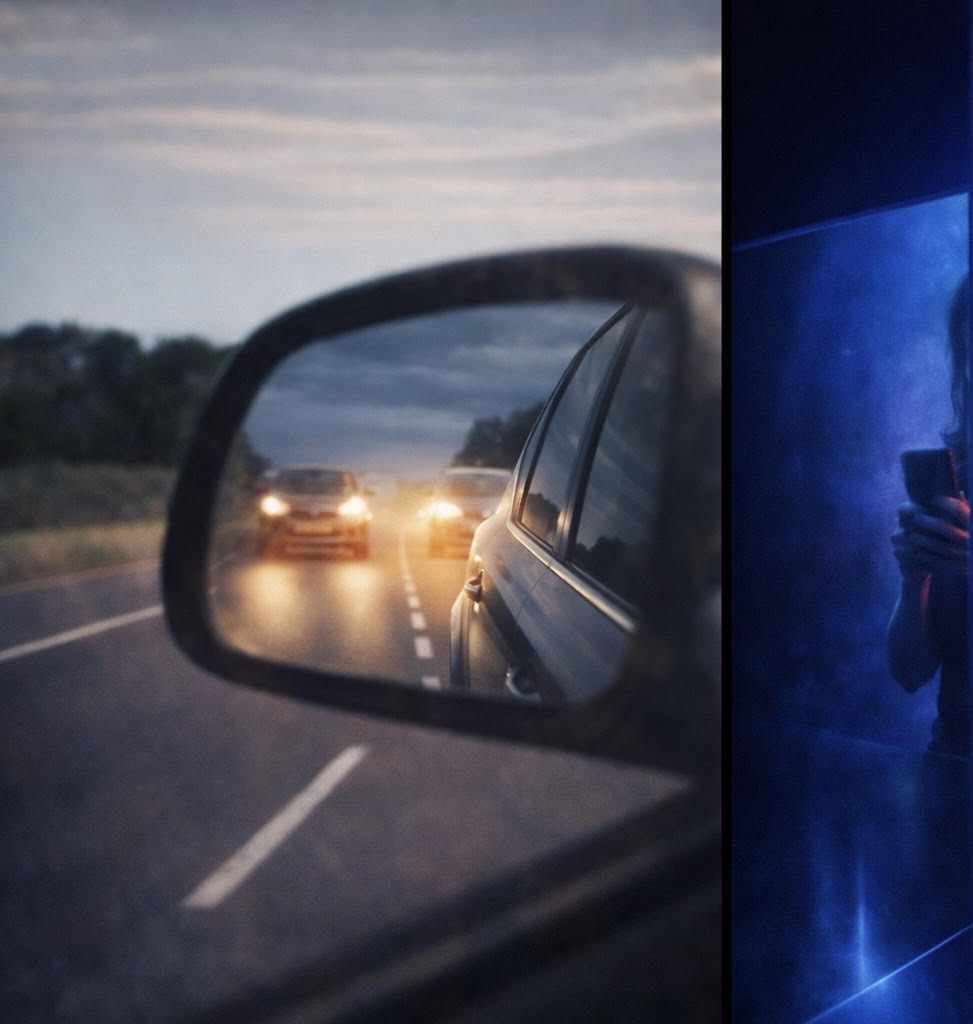 left shows a car side mirror with headlights approaching on an open road; right shows the blue-and-red mirror-room figure in shadow.