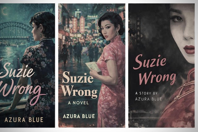 Triple split image of three illustrated “Suzie Wrong” cover designs by Azura Blue, vintage Hong Kong-inspired scenes.