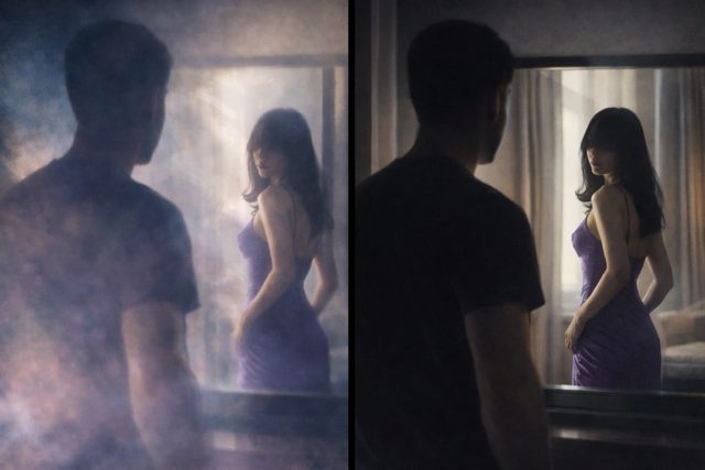 Faceless man in the foreground faces a mirror; a feminine silhouette looks back, softened by haze and cinematic light.
