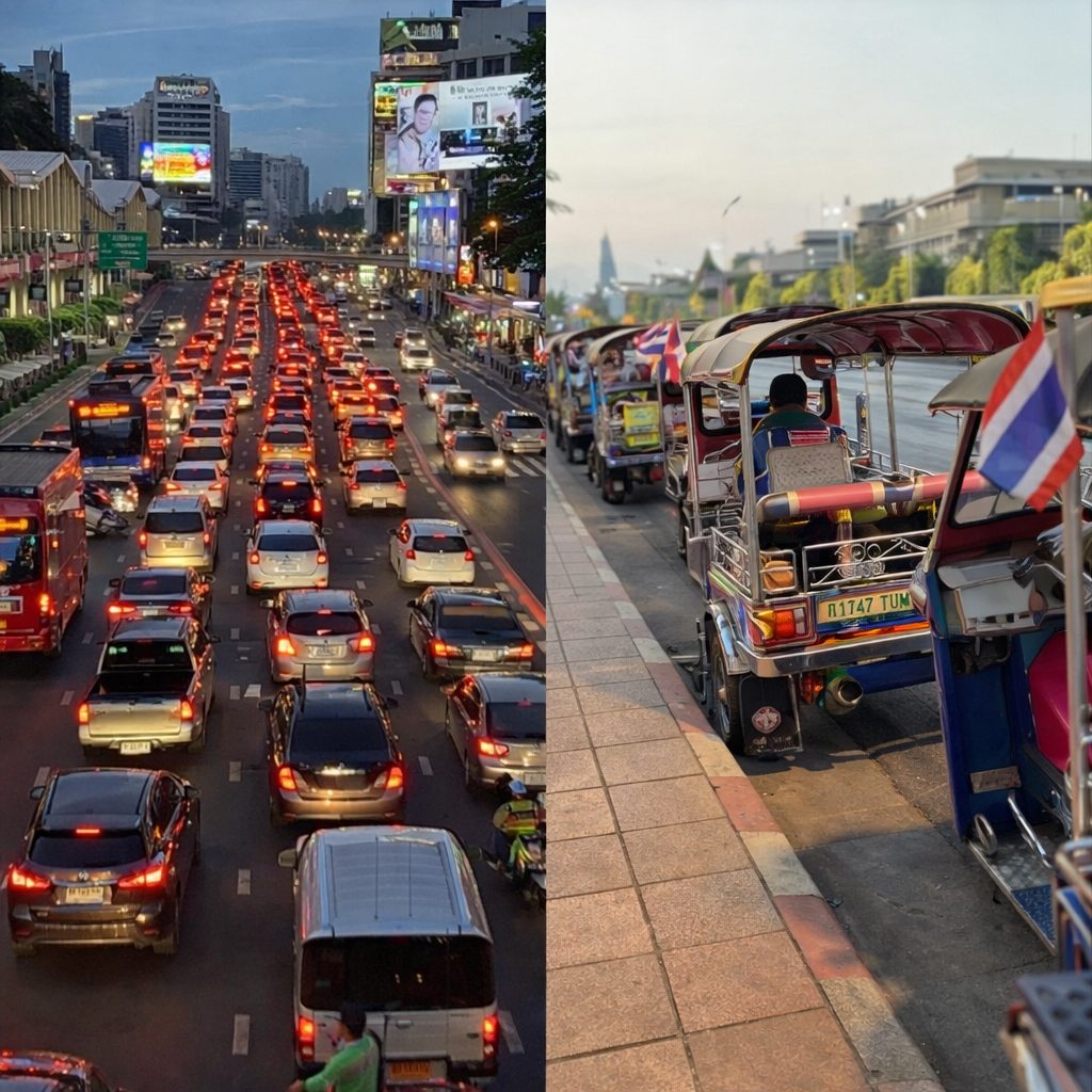 Split image of Bangkok traffic at dusk and a row of tuk-tuk parked along a riverside road.