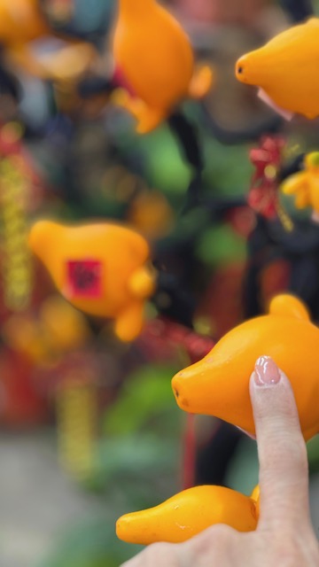 Hand touching bright kumquat ornaments with soft festive bokeh in the background.