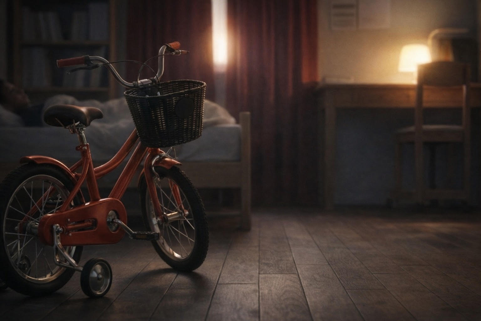 A small red children’s bicycle stands beside a bed in a softly lit bedroom at night.